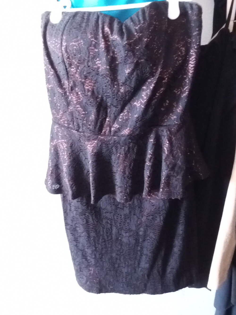 Bella D Strapless Black Lace Peplum Dress with Metallic Accents Size M